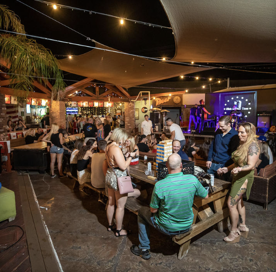The covered patio and live stage at Boondocks Patio and Grill